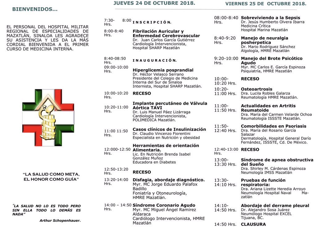 Congreso_MI_MAZ's tweet photo. PROGRAMA OFICIAL DE NUESTRO PRIMER CONGRESO DE MEDICINA INTERNA - ESTE 24 y 25 DE OCTUBRE
Sede Mazatlán Sinaloa.
#MedicinaInterna #Congreso #CongresoMI #CongresoMazatlan #Doctor #Medico #Mexico #Mazatlan #Mazatlán https://t.co/OvKIB7L09z