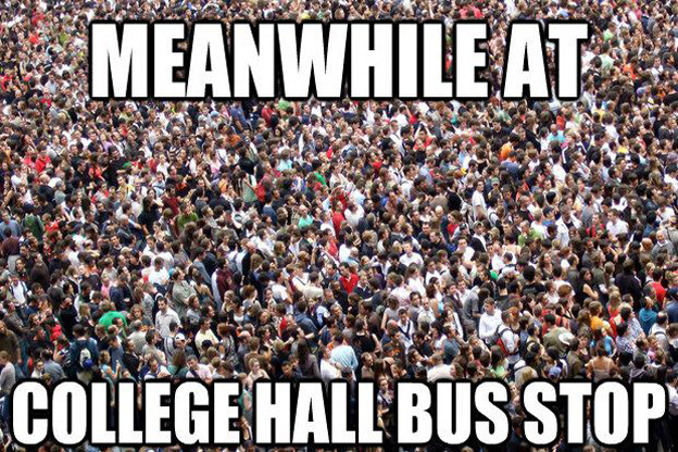 brenmurph_98's tweet photo. #DCIM353c #TXC19 This is a meme of one of the bus stops on campus at Rutgers. Part of the student culture here is joking about inconveniences from the bus system at Rutgers, especially the occasional poorly timed bus which leaves the students scrambling for a spot once it stops https://t.co/EgM74Qv6OK
