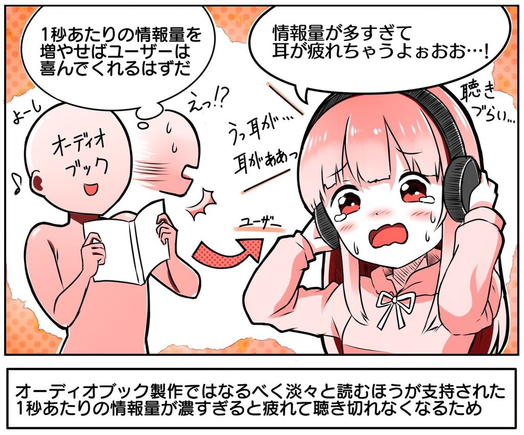 音声コンテンツで「1秒あたり情報量」を増やしすぎたらユーザーから不評だった

情報量が濃すぎると”ユーザーの耳”が疲れてしまい、最後まで聴ききれないため

オーディオブックでは「淡々と読む」ほうが良いユーザー体験になりやすかった(… 