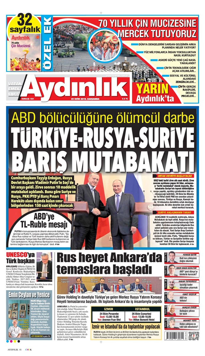 Türkiye - Rusya - Suriye Barış Mutabakatı

#Aydınlık 23 Ekim 2019 Çarşamba