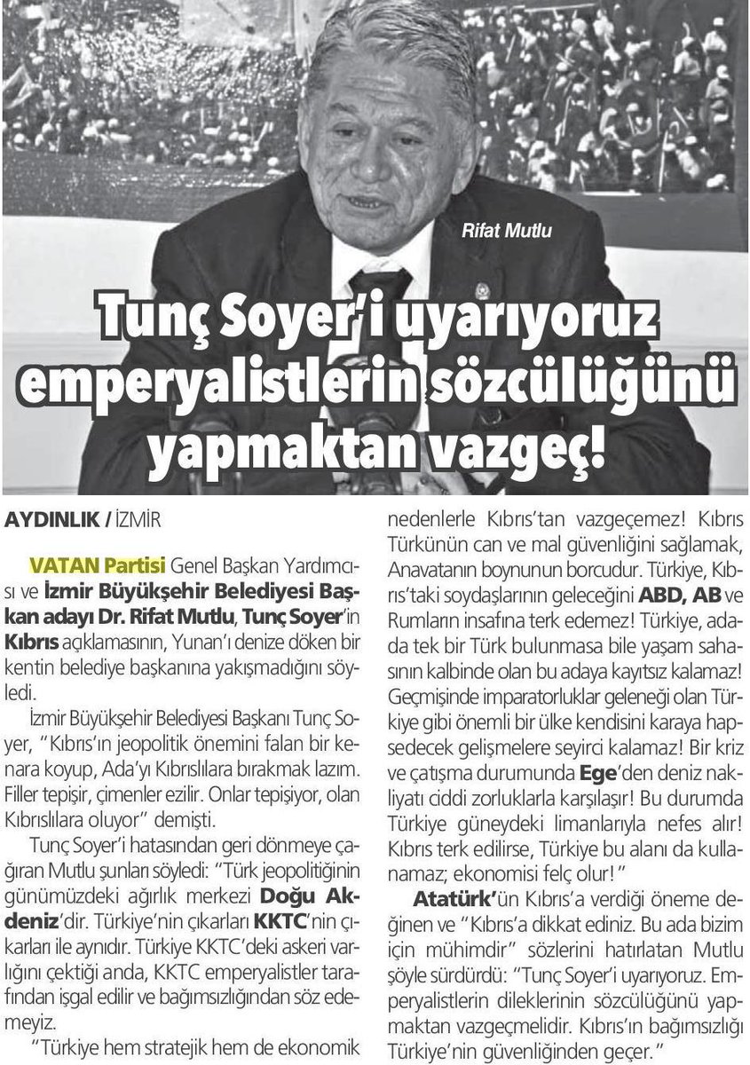 İl Başkanımız Dr. Rifat Mutlu ;
Tunç Soyer'i uyarıyoruz emperyalistlerin sözcülüğünü yapmaktan vazgeç!

-Aydınlık Gazetesi