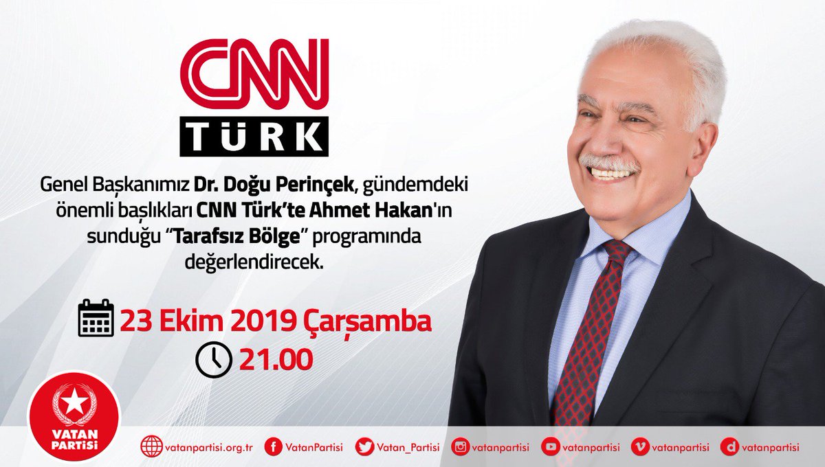 Genel Başkanımız Dr. Doğu Perinçek, 23 Ekim Çarşamba 21.00'de gündemdeki önemli başlıkları CNN Türk'te Ahmet Hakan'ın sunduğu Tarafsız Bölge programında değerlendirecek.