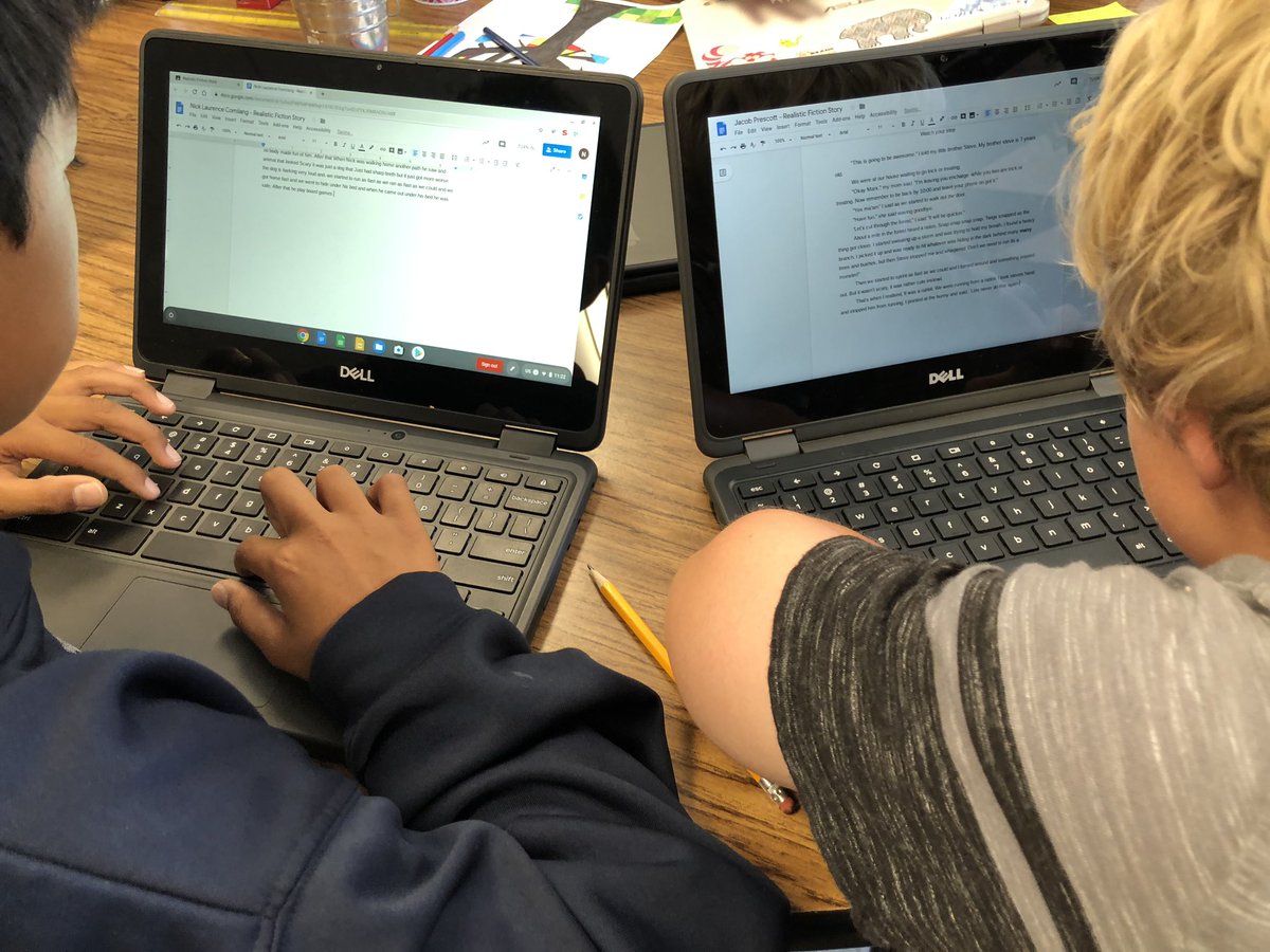 KHughesElem's tweet photo. Fourth grade students in Ms. B’s class worked in small groups on realistic fiction writing & math practice on area and perimeter today. #hugheshammerheads https://t.co/g209Fx9Blm