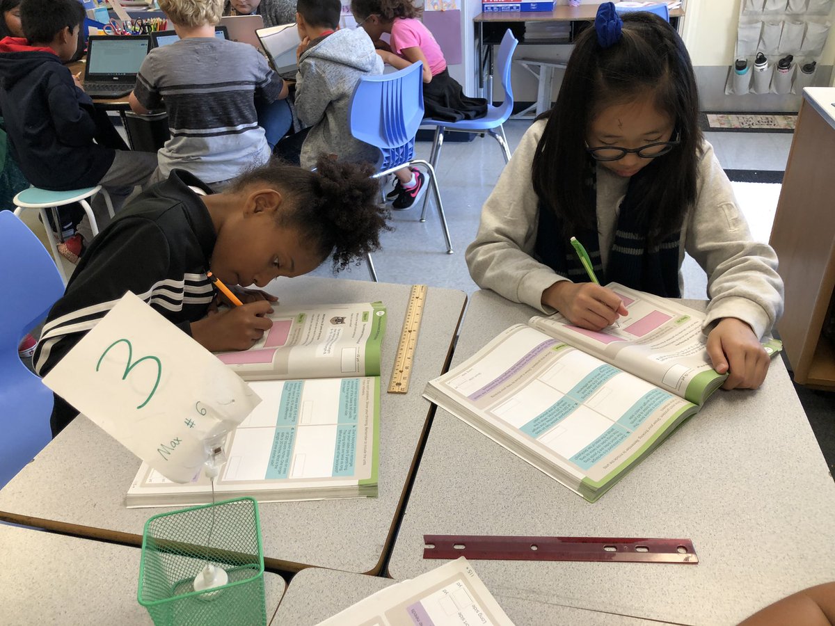 KHughesElem's tweet photo. Fourth grade students in Ms. B’s class worked in small groups on realistic fiction writing & math practice on area and perimeter today. #hugheshammerheads https://t.co/g209Fx9Blm