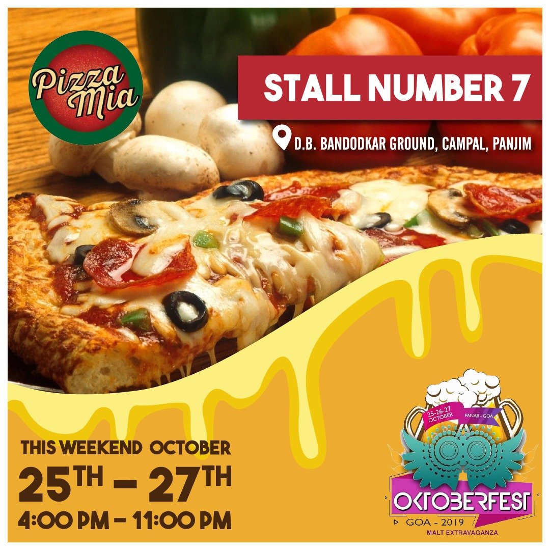 pizzamiagoa's tweet photo. It’s that time of the year. Come and celebrate with delicious pizza &amp; beer at Goa’s Largest beer festival Oktoberfest Goa 2019!Come visit us at Stall Number 7 this weekend 25th to 27th, 4pm - 11pm at D.B. Bandodkar Ground, Campal, Panjim.
.
For more details👉 (0832) 2464683 https://t.co/p7w2Xpnx3i