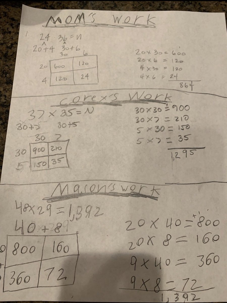 hollievonTOES's tweet photo. Last night I posted a few problems for parents via @ClassDojo and the responses are flooding in! So fun to see families working together, solving multi-step multiplication using the Box Method. Way to go Coyotes!! 🙌🏼💛🔢 @twinoakscoyotes https://t.co/XVQxHqq4o5