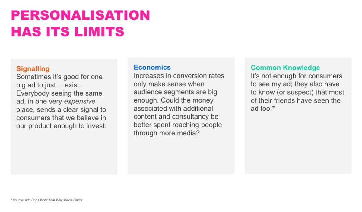 Here's a slide I'm starting to show right after I talk about the benefits of personalization.

Sometimes it's just best to show everybody the same damn ad.