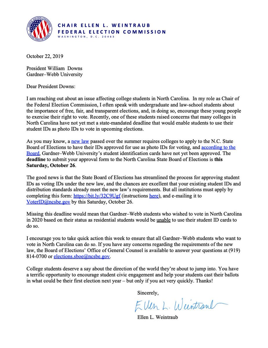 EllenLWeintraub's tweet image. 🚨🚨🚨 @gardnerwebb students! Let your school’s leadership know that they need to fill out this simple form bit.ly/32C9Ugf by THIS SATURDAY, 10/26, or no one there can use student IDs to vote in NC in 2020! PDF: bit.ly/35VcgsM  @gardnerwebbpres @gwusga