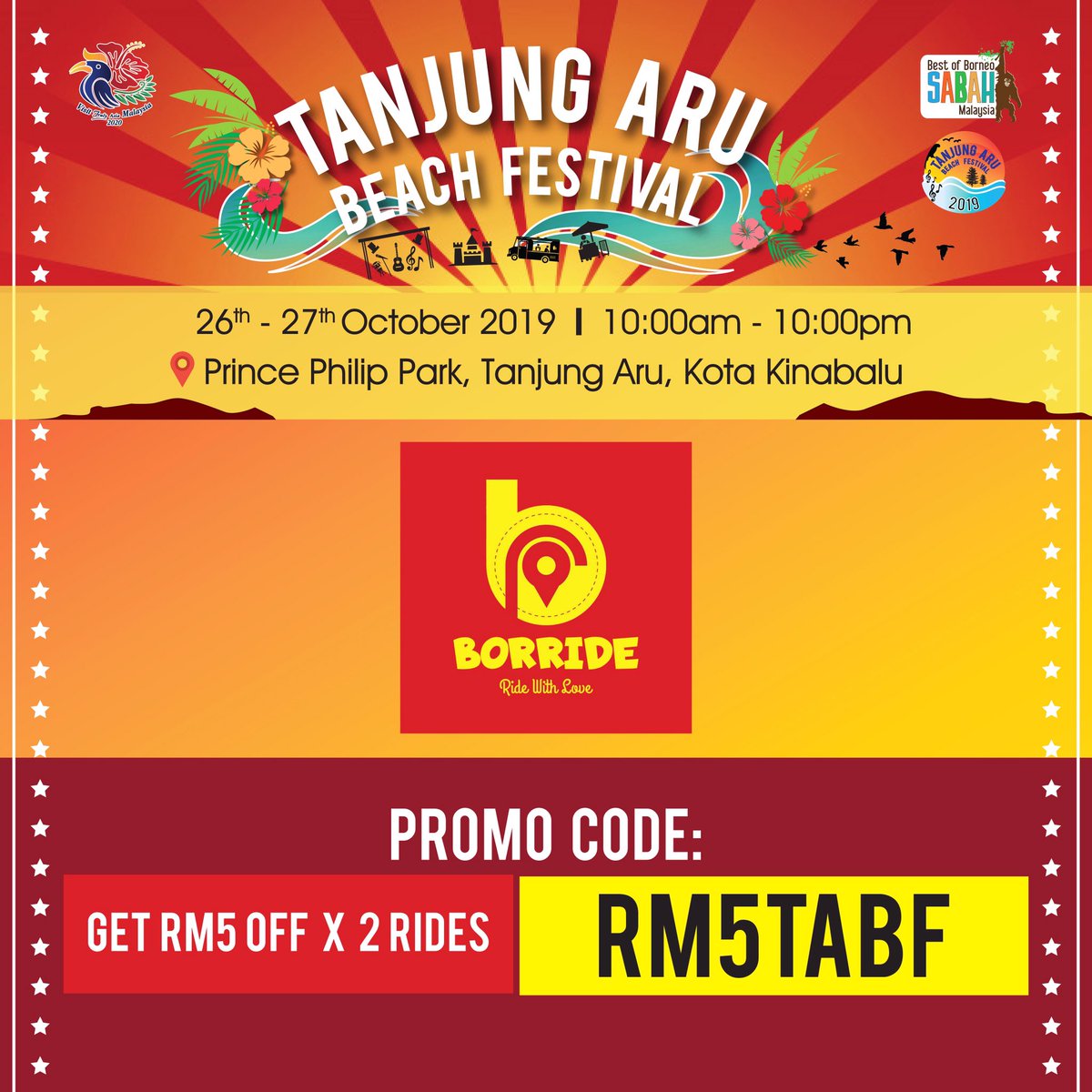 KKCity's tweet photo. 3 MORE DAYS TILL TANJUNG ARU BEACH FESTIVAL 2019!

Join the fun on 26 &amp; 27 October 2019 at Prince Philip Park! Share us your Tanjung Aru photos by using our hashtag #TABF2019!

Don’t forget to use your @borrideofficial promo to get rm5 off for 2 rides!

Promo Code: RM5TABF https://t.co/bqy2ARR3rY