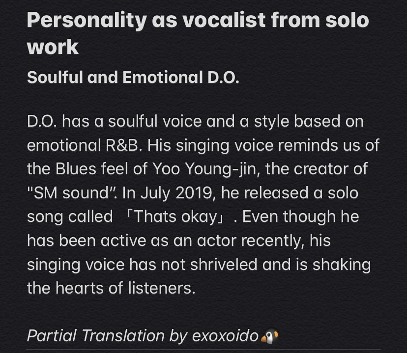 exoxoi__do's tweet photo. EXO C, BH, D.O. Personality as vocalist from solo work

Soulful and Emotional D.O. 

🔗https://t.co/vaps6zNo7O

#도경수 #디오 #DohKyungsoo #괜찮아도_괜찮아 #ThatsOkay https://t.co/t4SB4y6Y87