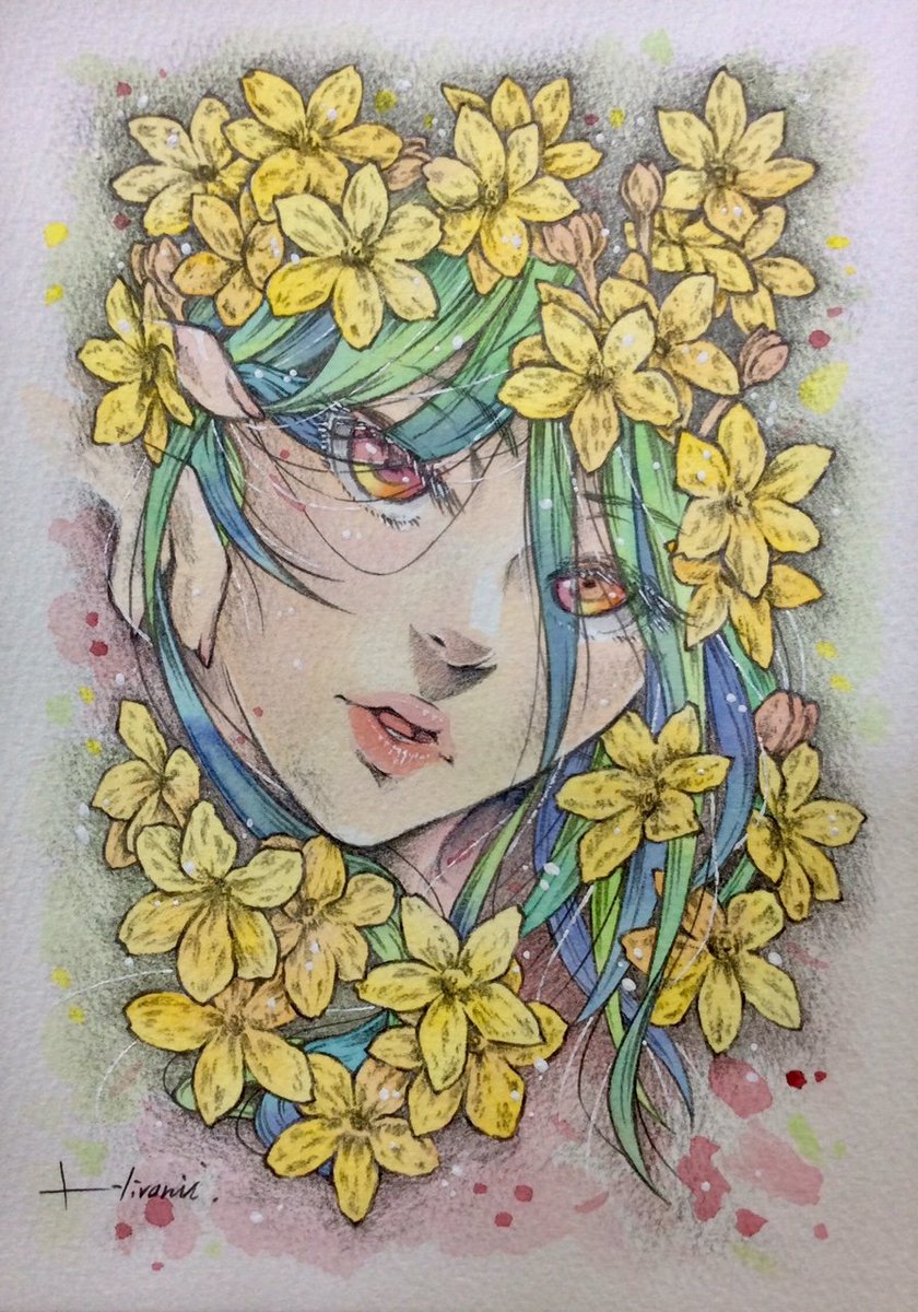 flower 1girl solo traditional media painting (medium) portrait watercolor (medium)  illustration images