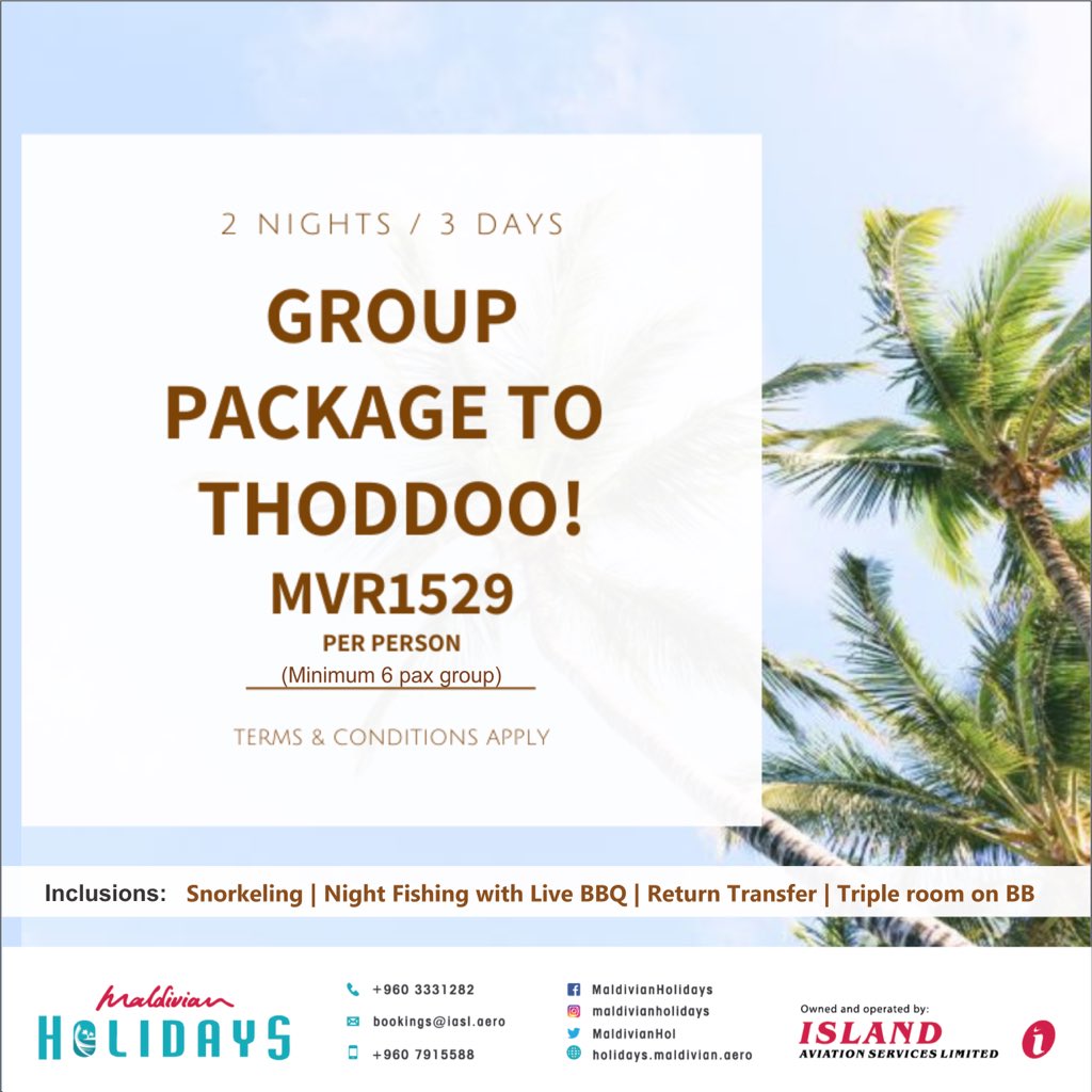 MaldivianHol's tweet photo. If you've been planning on going for a 'Trip away with Friends & Family', here's your chance! Book our group package to Thoddoo commencing from October 2019 to January 2020!
Other Terms & Conditions apply
#maldivianholidays #Grouppackage #Thoddoo https://t.co/l1sWGDsLG1