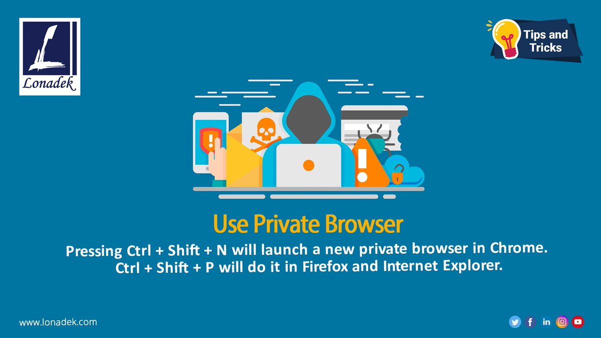LonadekInc's tweet photo. Save your self the stress of opening a new private browser by simply pressing Ctrl + Shift + N. (Chrome users).Ctrl + Shift + P will do it in Firefox. Try it.
#ComputerTricks #EasyBrowsing #Lonadek #Technology #Innovation #InformationTechnology https://t.co/kAPrAHeIrH