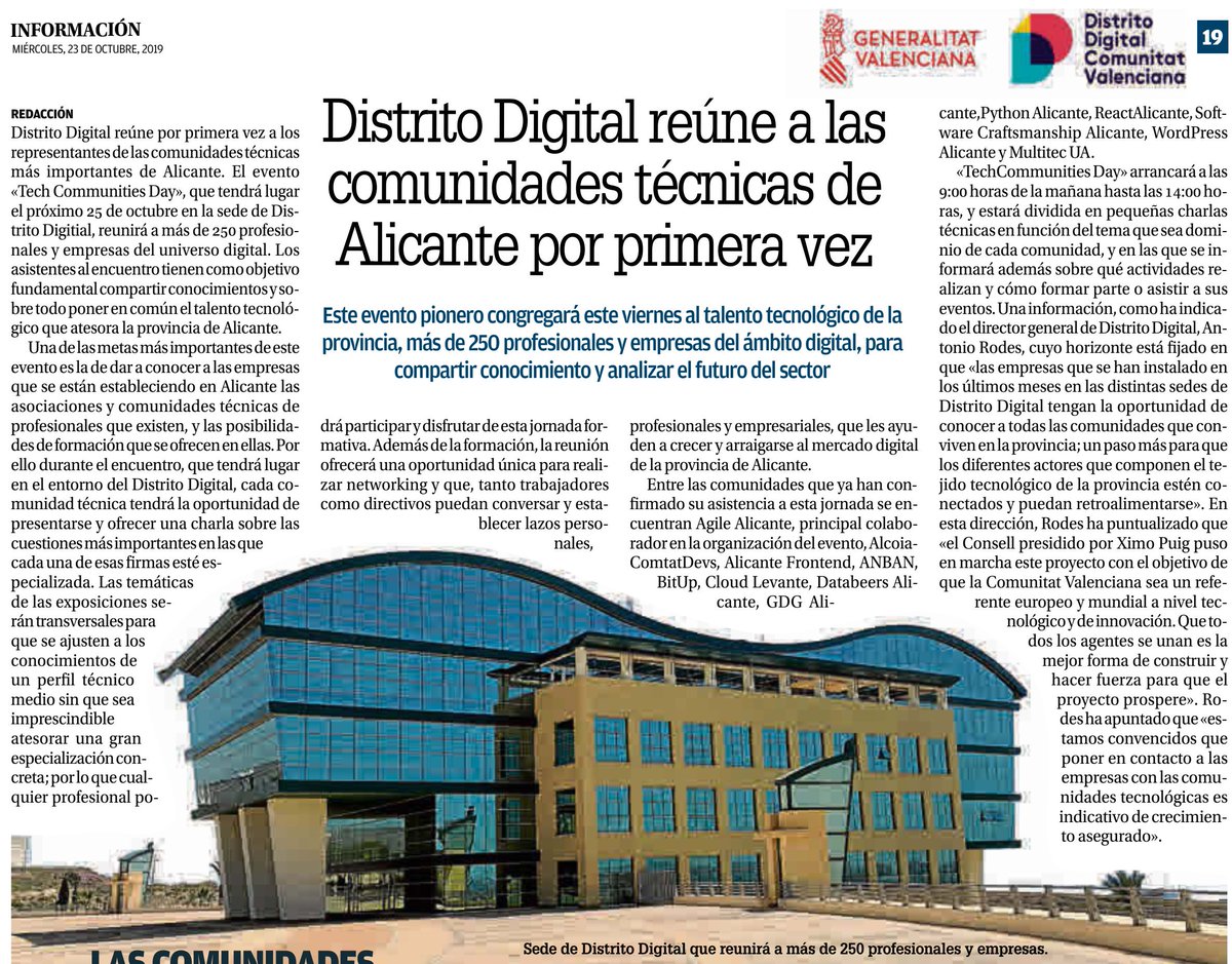 aszapla's tweet photo. Hoy en @informacion_es presentan nuestro día #ALCTechCommsDay. 25 Octubre en @GVAddigital 

✍️https://t.co/OJJBIwv6BA

@BigDataAsoc @GDGAlicante @BlockchainALC @python_alc @agilealicante @AlicanteSwCraft @MultiTecUA @Cloud_Levante https://t.co/kd4ImfAyAO
