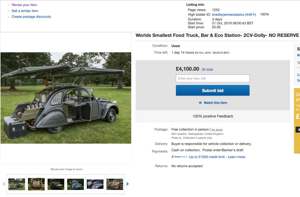 Just over 24 hours to go until our #Dolly #2CV finds herself a new home, currently with a bid of just £4.1K. The Worlds Smallest Food Truck, Bar &amp; Eco Station comes with plenty of Kudos, question is, who will be taking her home ?  She is the bargain of the year ? dont you agree ?