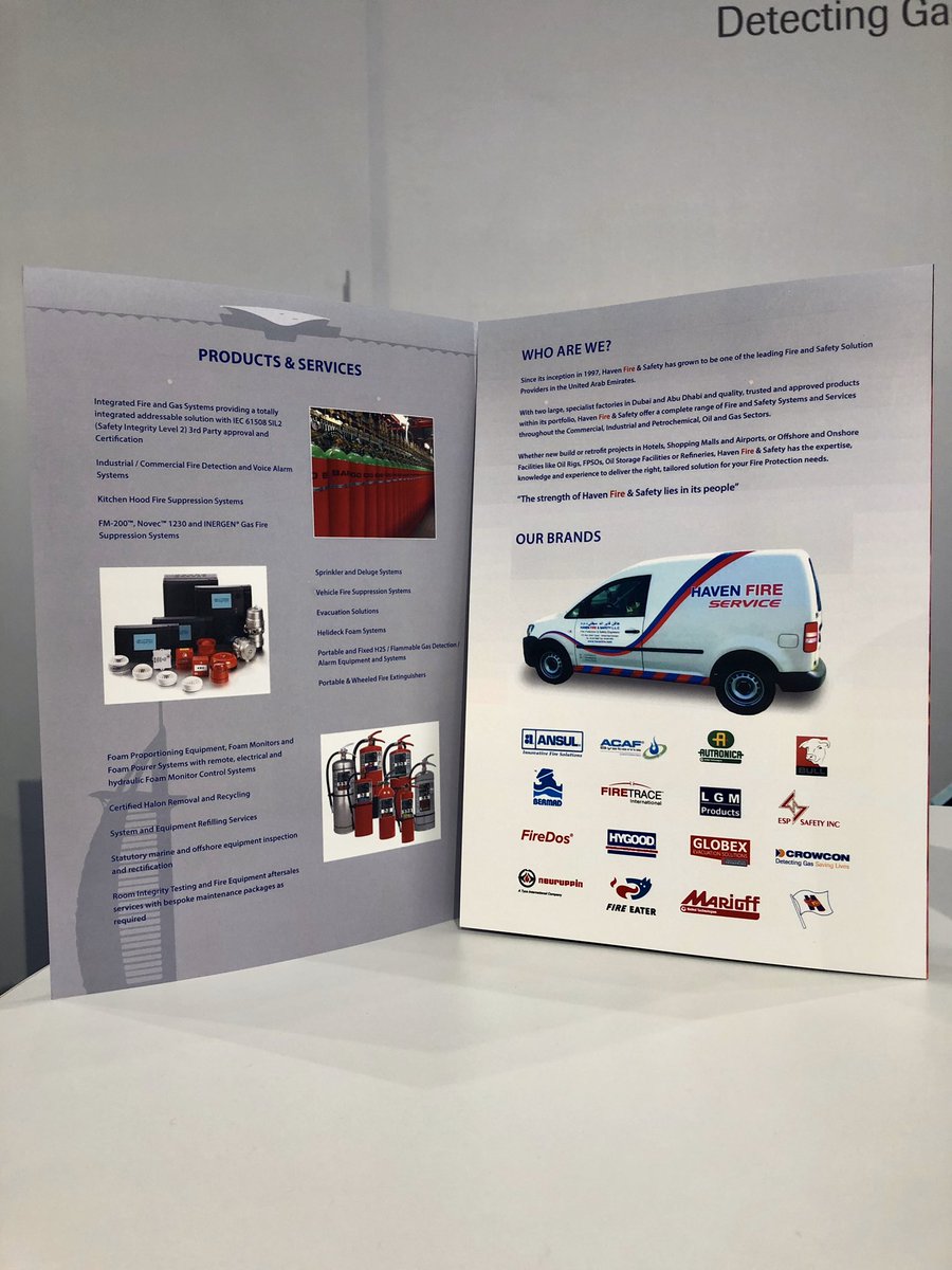 HavenFS's tweet photo. Final Day of #Wetex2019 and our new, rebranded brochures have arrived! Why not swing by our booth in Trade Centre Arena 1, Stand DD10 and pick one up!! 😊 #sustainable #fire #protection #safety #uae https://t.co/2tub8uNq4m