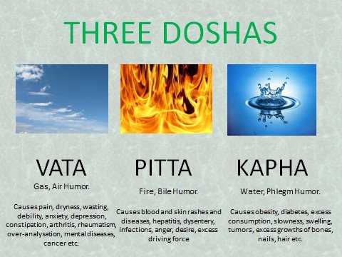 3 types of Dosha (दोष) in our body:Vata (wind) – earth & air elements. It governs the principle of movementPitta (bile) – fire & water elements. It is the process of transformation (metabolism)Kapha (phlegm) – water & earth elements; responsible for growth & protection