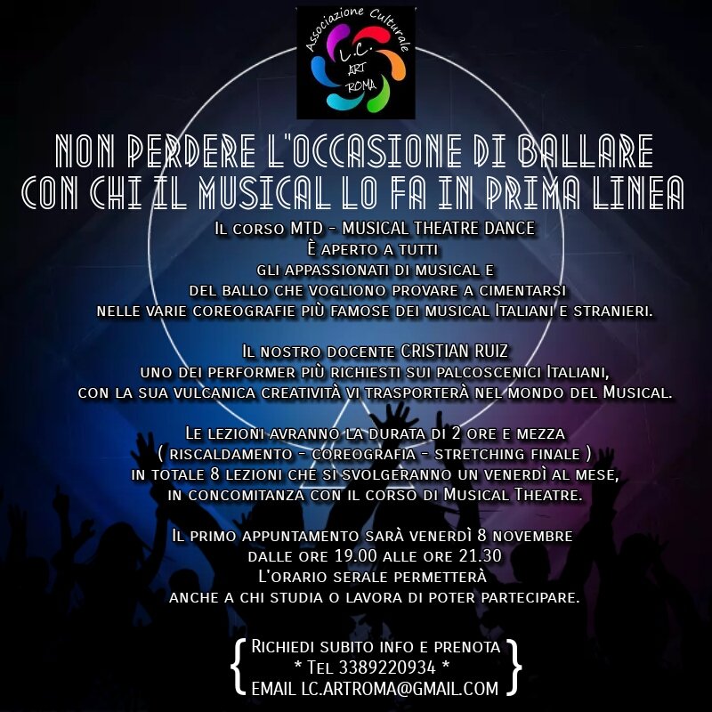 👉"MUSICAL THEATRE DANCE" con Cristian Ruiz
PRIMO APPUNTAMENTO VENERDI' 8 NOVEMBRE
Il corso è aperto a tutti coloro che desiderano imparare le coreografie più coinvolgenti dei MUSICAL, indipendentemente dalle proprie capacità di partenza.