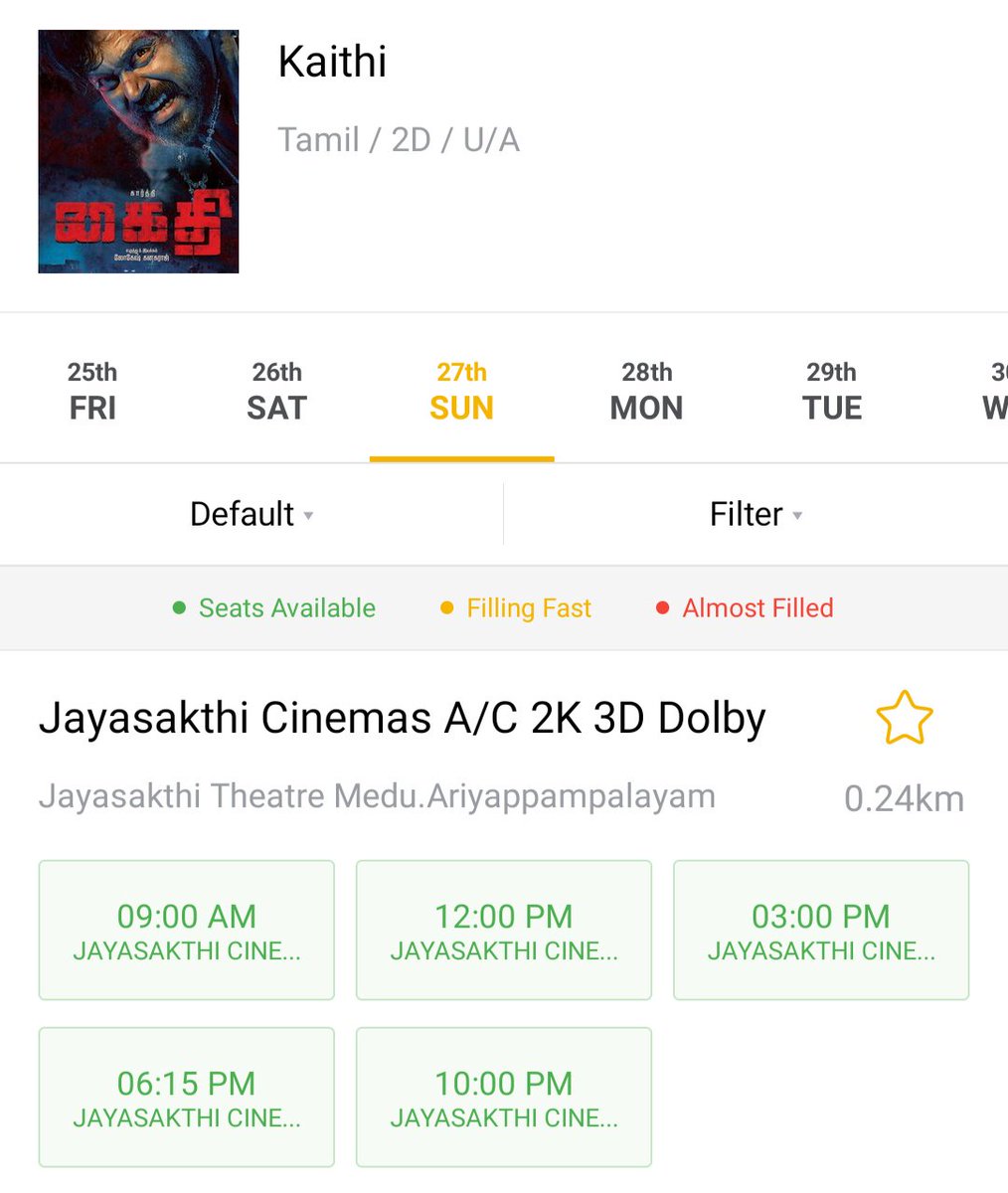 Gobi_Cinemas's tweet photo. #Kaithi Bookings are open now @JayaSakthiCinemas in #Sathyamangalam

Grab your tickets soon...

#KaithiUpdate #KaithiFromOct25
#Kaithi #KaithiDiwali #KaithiFromOct25th 
#KaithiFromFriday https://t.co/5EZ6Porn7z