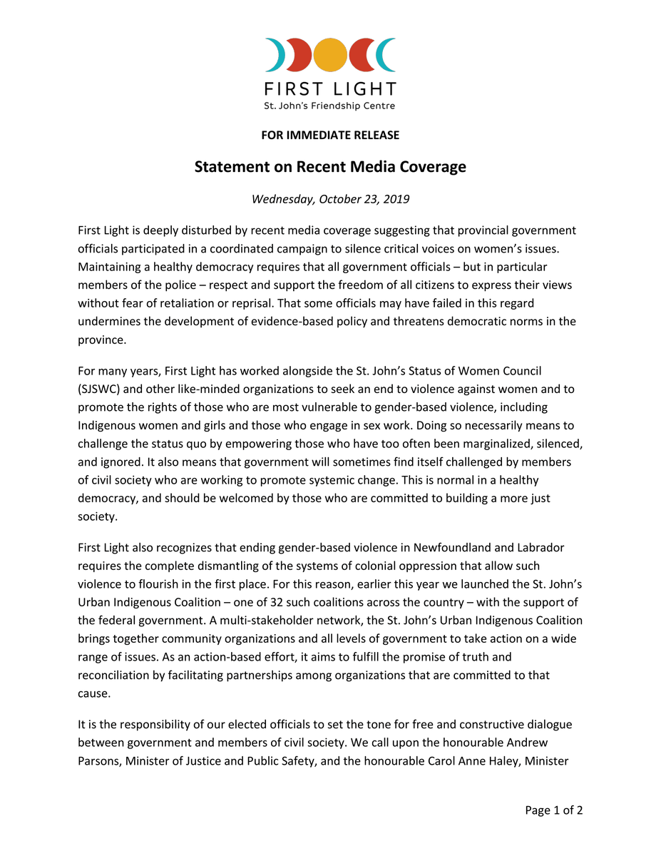 FirstLight_NL's tweet photo. We stand in solidarity with @SJSOWC—and with all community partners and allies who are working to end gender-based violence. Today, we call on Ministers @Andrew_Parsons1 and @CarolAnneHaley to hold accountable any public servants who stifle women's voices. #nlpoli #MMIWG https://t.co/rTWXNLtFj7