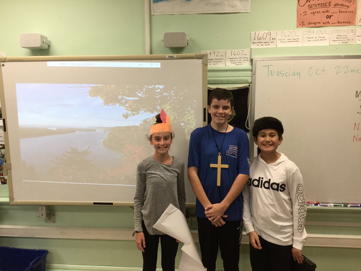 #mineolams 7th grade SS students reenacting the adventures of French explorers Marquette and Joliet to draw an inference about the French relationship with Native Americans. #mineolaproud
