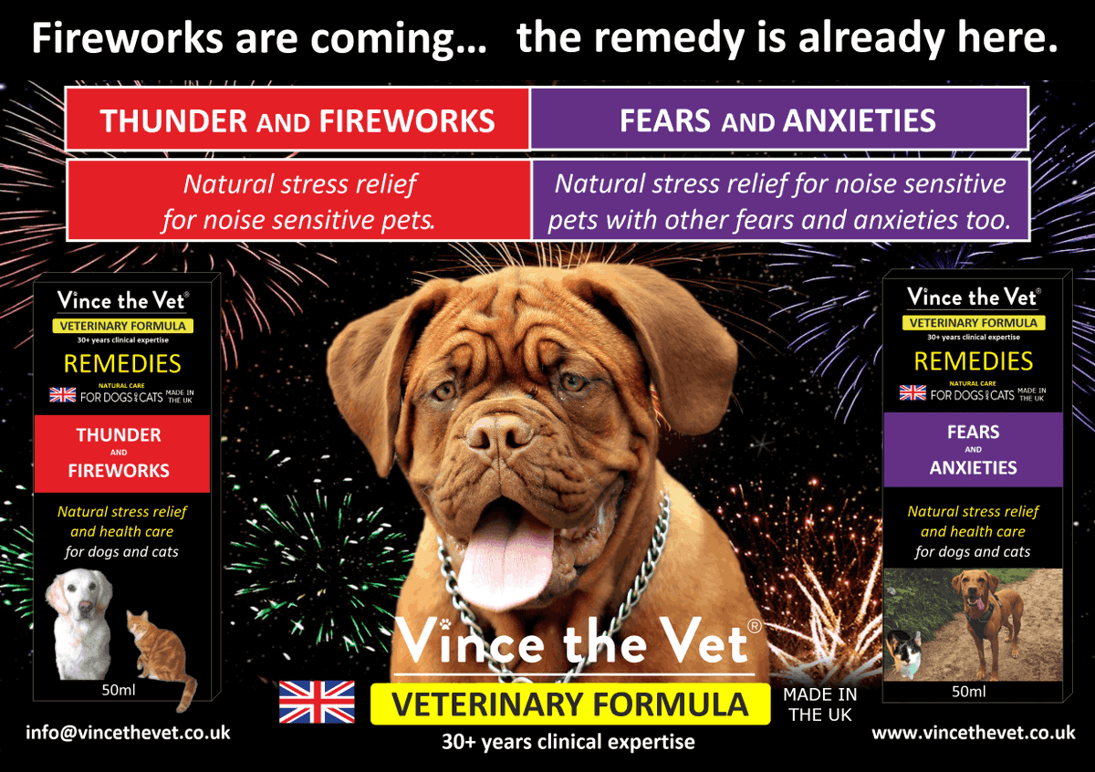 VinceTheVet's tweet photo. THERE ARE HUNDREDS OF FIREWORK DISPLAYS SCHEDULED OVER THE NEXT 4 MONTHS - AND THEY'VE ALREADY BEGUN.

Thunder and Fireworks and / or Fears and Anxieties, naturally relieve stress and calm anxious pets frightened by loud noises and bangs - https://t.co/BrRLdwcc4S https://t.co/OAkkc9xeyA