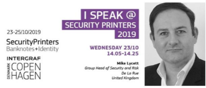DeLaRuePlc's tweet image. 5 minutes until Mike Lycett presents "Why choose ISO 14298 certification"- Please make sure you join! @Intergraf #Securityprinters #haveyoursay