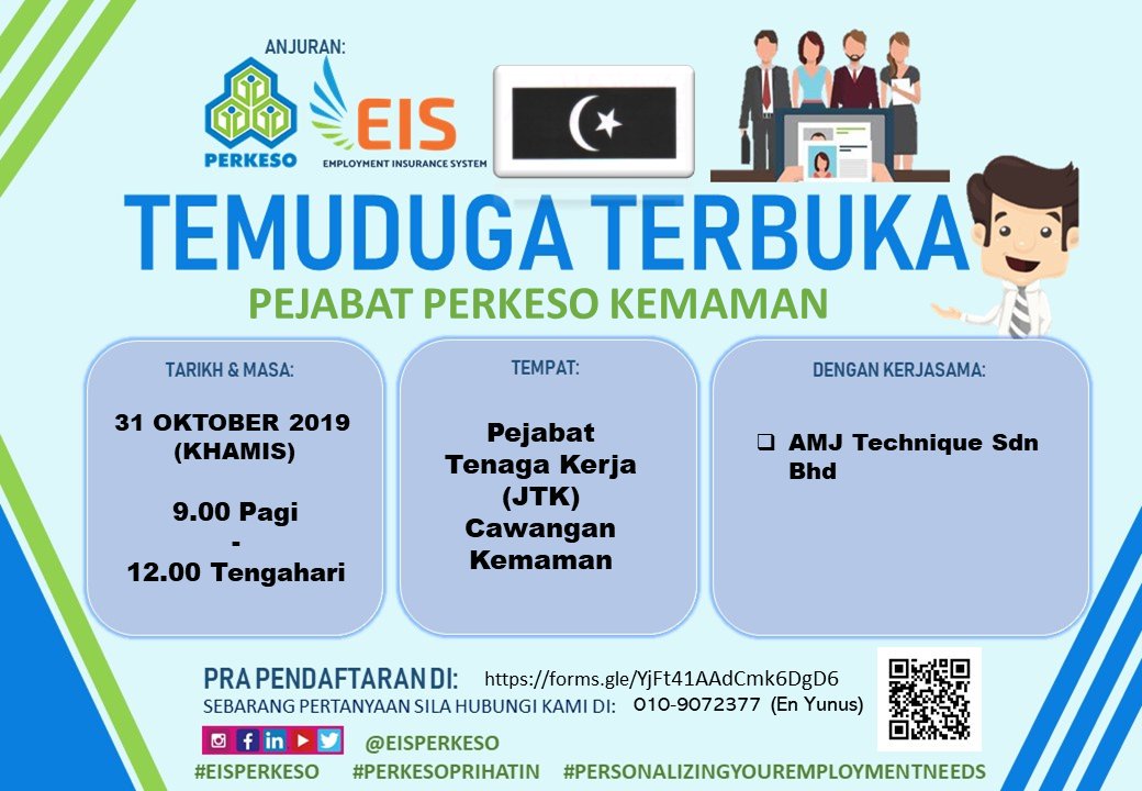 Employment Insurance System A Twitter Tarikh 31 Oktober 2019 Khamis Masa 9 00 Pagi 12 00 Tengahari Tempat Pejabat Tenaga Kerja Jtk Kemaman Tingkat 2 Bangunan Persekutuan Jalan Melur 24000 Kemaman Terengganu Sekiranya