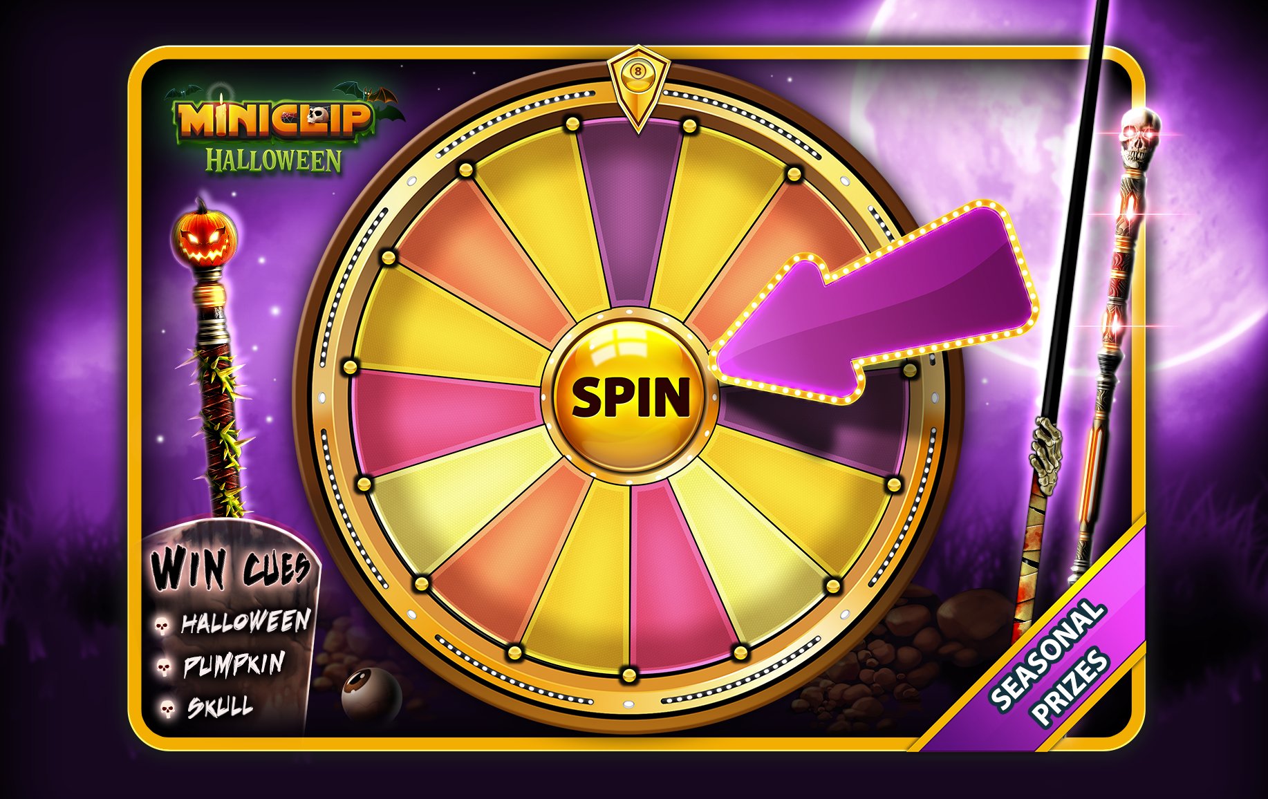 8 Ball Pool On Twitter What Prizes Does The Halloween Golden Spin Hold For You Don T Be Scared Spin The Wheel To Collect And Upgrade Our Halloween Cues 8ballpool Https T Co W7qmi1iblv