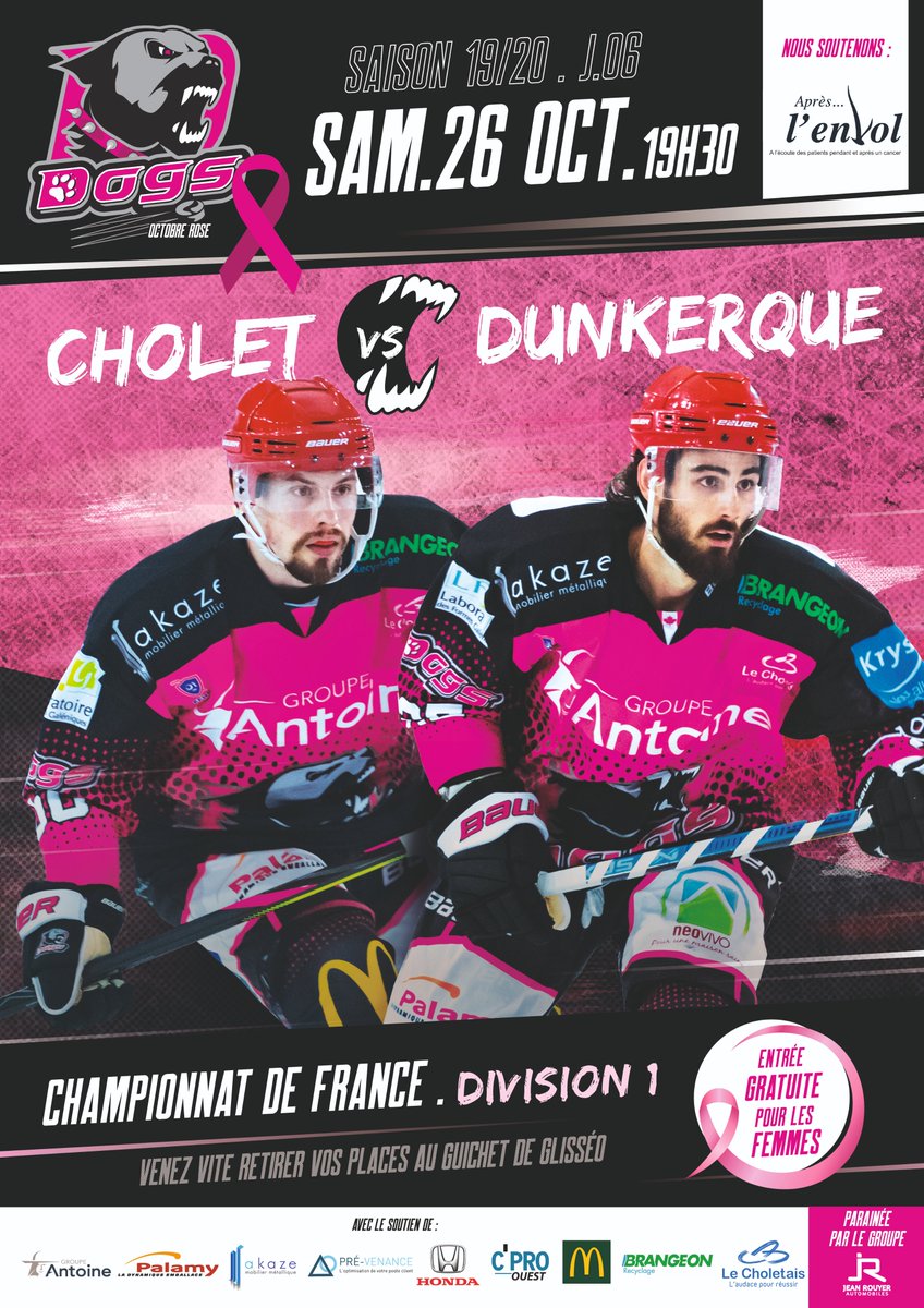 DogsCholet's tweet photo. 📢Billetterie ouverte à GlisséO ! 
En soutien au mouvement « Octobre Rose » et à l'Association APRES L'Envol 🎗l 'entrée est gratuite pour les femmes ! Après un match à guichets fermés, ne traînez pas à récupérer le vôtre ! Faites le savoir
#SupporterNumero1 #hockey #OctobreRose https://t.co/JTXdqLJqXv