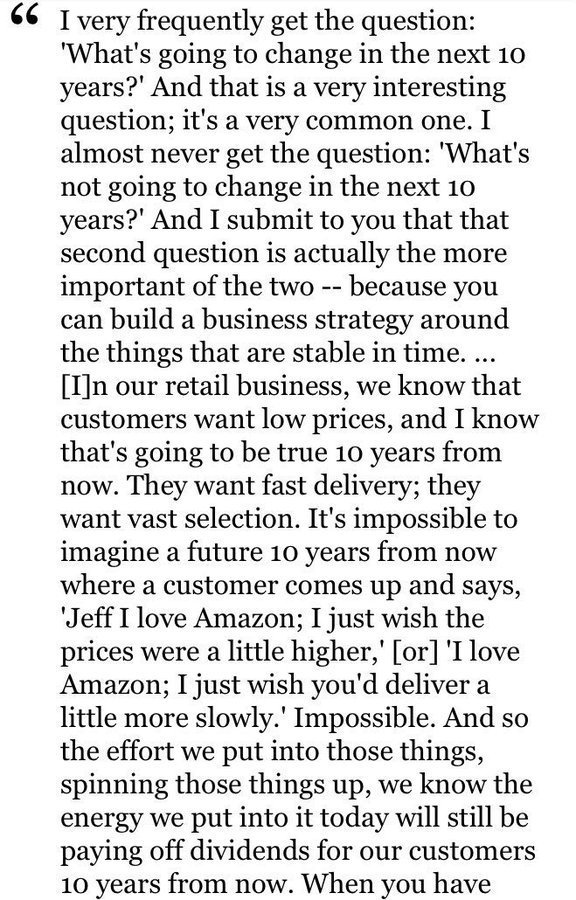 On the importance of focusing on the unchanging fundamentals, rather than fads 

Jeff Bezos quoted by ⁦<a href="/nilsleonard/">Nils Leonard</a>