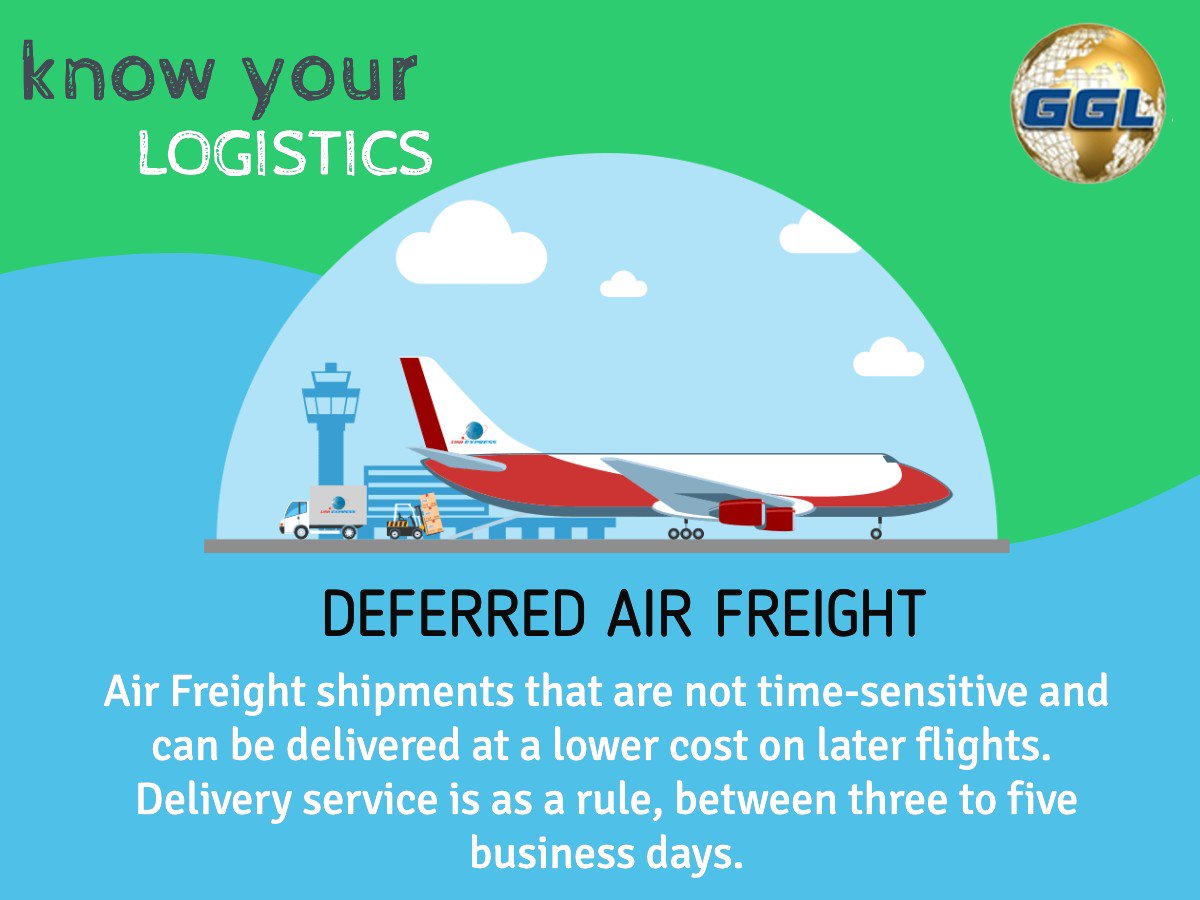 KNOW YOUR LOGISTICS
Deferred Air Freight
Air Freight shipments that are not time-sensitive and can be delivered at a lower cost on later flights. Delivery service is as a rule, between three to five business days.
Web: ggl.sg
#GGL  #DeferredAirFreight #airfreight