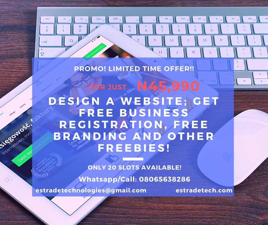 EstradeTech's tweet image. PROMO! PROMO!! PROMO!!!
Design a website for your business and we'll register your business with Corporate Affairs Commission (CAC) for FREE! This Package will also include FREE Hosting, Domain and other freebies! Take action NOW! estradetech.com/cheap-website-… Mrs WIlson, #unilag