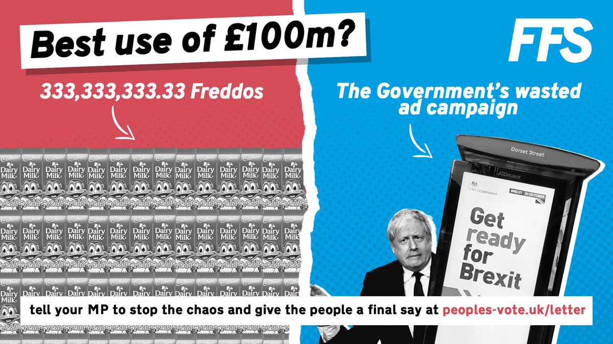 <a href="/BorisJohnson/">Boris Johnson</a> In a optimistic projection of post-Brexit Freddo prices, #FFS supporter @UWLSUPresident would spend £100m on 333m Freddos. What would you spend it on?🤔

Tell your MP to give the people a #FinalSay &amp; stop the Govt wasting years more time &amp; money on Brexit:
peoples-vote.uk/letter