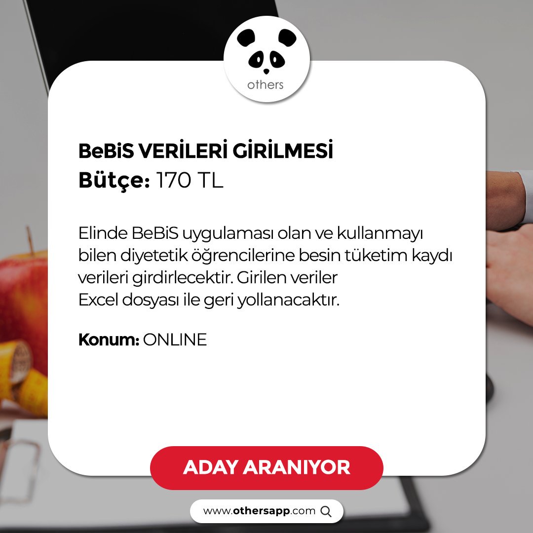 BeBis uygulamasını bile diyetetik öğrencileri aranıyor! 🐼

Göreve aday olmak için web sitemizi ziyaret edebilirsiniz: othersapp.com

#othersapp #others #freelance #freelancer #ekiş #işilanı #startup #girişimci #öğrenci #üniversite #diyetisyen #diyetetik #bebis