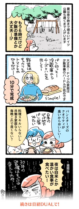 日経DUAL「日本人家族、ドイツに住む」21話??夕食調理のハードルが低いドイツの話を書きました。Kaltes Essen(冷たい食事)の文化、共働き家庭と相性がいいのでは!?※だがしかし…夕飯は10分で完成 ドイツの時短料理事情:日経 