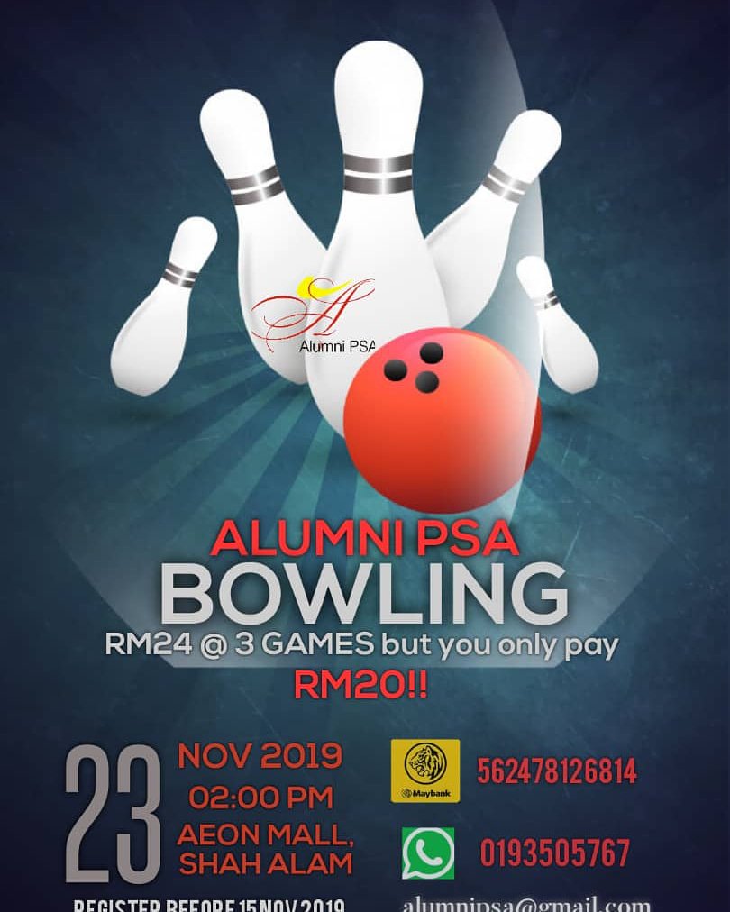 AlumniPsa's tweet photo. Pertandingan Bowling Alumni PSA 2019

📌Tarikh : 23 November 2019
📌Tempat : Aeon Shah Alam
📌Masa: 2.00 PM

Utk maklumat lanjut sila hubungi kami 👇 https://t.co/Ui4PJuKsrb