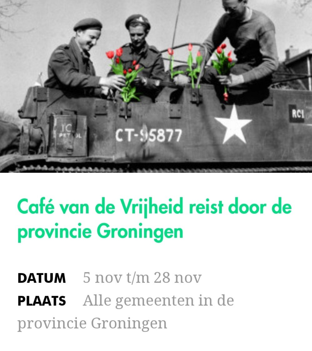 Trots om namens <a href="/VerhalenVanGr/">VerhalenVanGroningen</a> mee te werken aan "75 Jaar Vrijheid Groningen"! Help ons het verhaal van de Tweede Wereldoorlog in #Groningen op allerlei manieren te vertellen. Zie ik jou bij één van de Cafés van de Vrijheid? 👉🏼 deverhalenvangroningen.nl/kalender/cafes… #75jaarbevrijding
