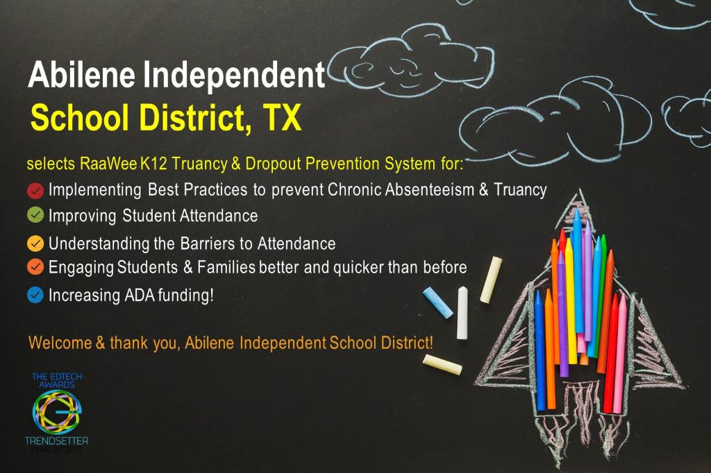 RaaWeeK12's tweet image. Abilene Independent School Districts, TX selects RaaWeeK12 Truancy &amp;amp; Dropout Prevention System.
Welcome &amp;amp; thank you, Abilene Independent School District
#chronicabsenteeism #attendanceimprovement #edtech #attendancematters