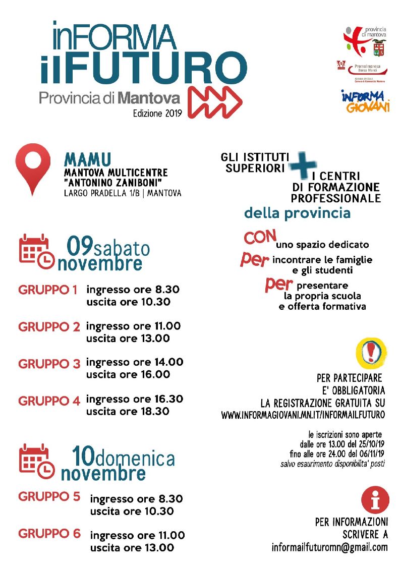 provMN's tweet image. Si terrà sabato 9 e domenica 10 novembre al Mantova Multicentre la ormai consueta due giorni di orientamento "In Forma il Futuro" rivolta agli studenti in uscita dalla terza media. Iscrizioni da venerdì 25 ottobre