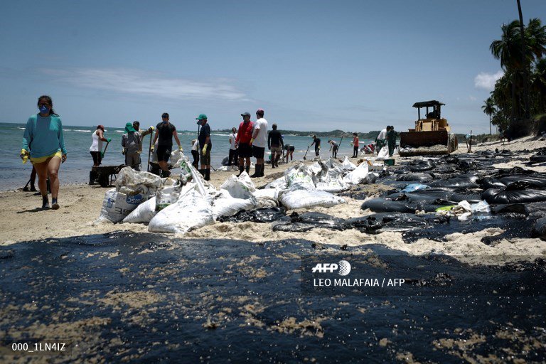 AureliaBAILLY's tweet image. Volunteers battle to remove oil from Paiva beach, Pernambuco state, Brazil. #AFP 
📸  Leo Malafaia