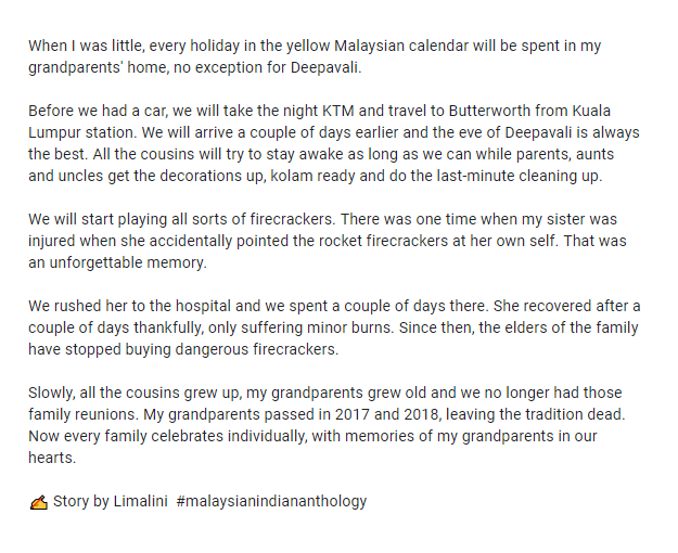 msianindian's tweet photo. Thank you Limalina for sharing this story about spending Deepavalli at your grandparents!

"..Before we had a car, we will take the night KTM &amp; travel to Butterworth from Kuala Lumpur station. We will arrive a couple of days earlier and the eve of Deepavali is always the best.." https://t.co/P2uGvS7gkQ