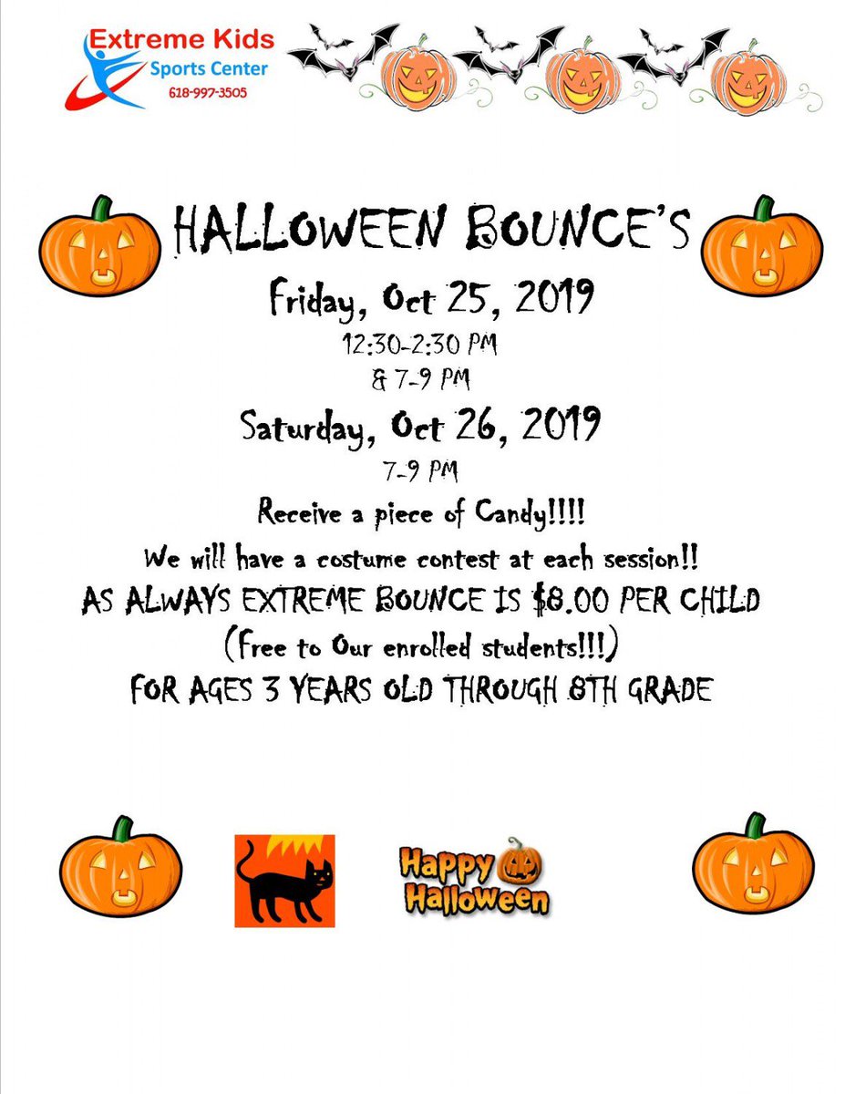 No School in Marion Friday, October 25th = 12:30-2:30pm AND 7-9pm Extreme Bounce! Wear your Halloween costume to make it even more fun! #extremebounce #doublethefun #indoorplaytime #halloween #extremebounce #opengym #extremekids2019