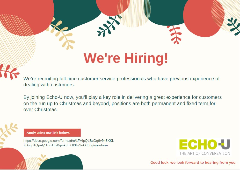 TheEchoTeam's tweet image. We are looking for customer service professionals! Apply now to work with us! #easytoworkwith #customerservices #peak