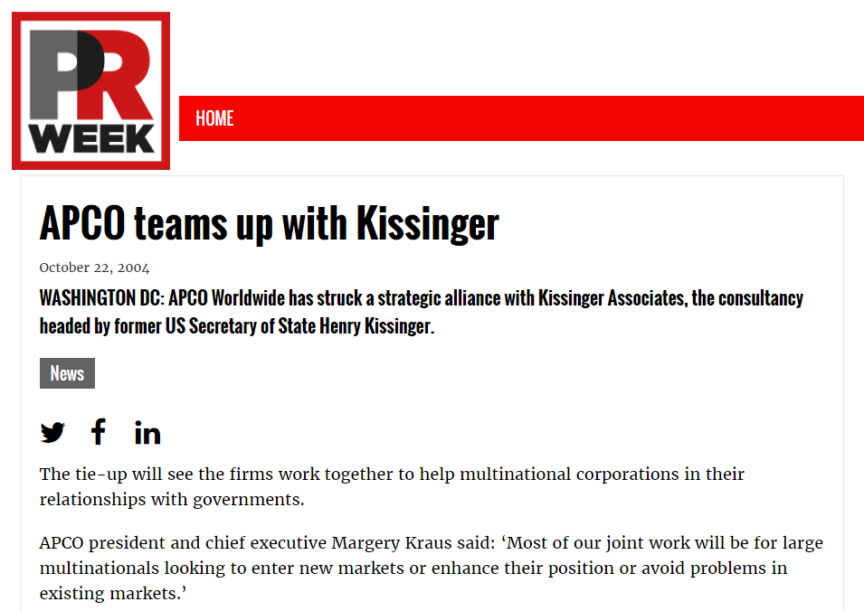 First of all Henry Kissinger:Old ties here. Screenshot below.Link to page should not be too difficult to find.