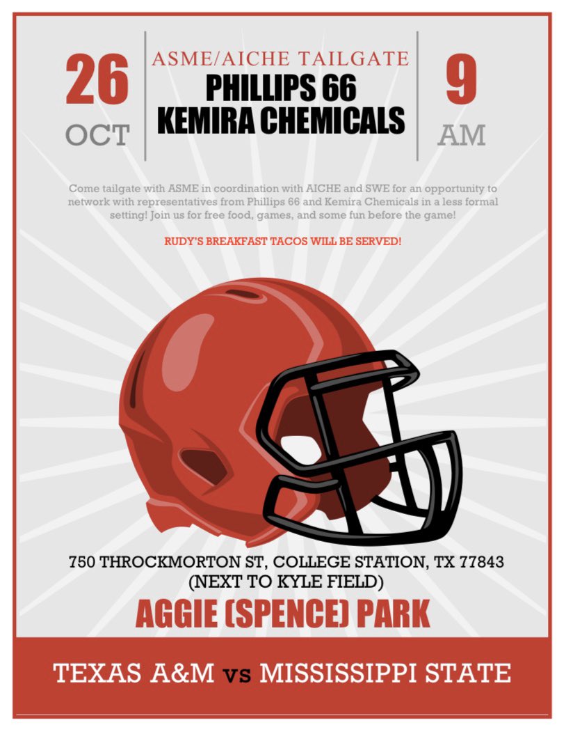 Tamu_ASME's tweet photo. Join us this Saturday before kickoff for a tailgate with AICHE! Phillips 66 and Kemira Chemicals will be there. Come hungry and ready to BTHO Mississippi State!👍🏼🏈 https://t.co/rS4Ux0ADla