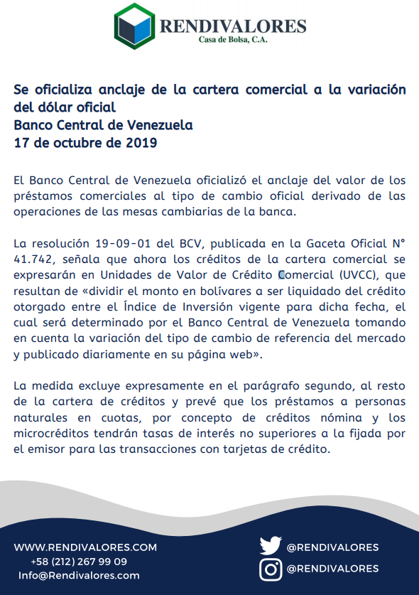 Rendivalores's tweet photo. A continuación se anexa el comunicado de Rendivalores Casa de Bolsa con respecto a la oficialización del anclaje de la cartera comercial a la variación del dólar oficial https://t.co/Whwg1wh7iX