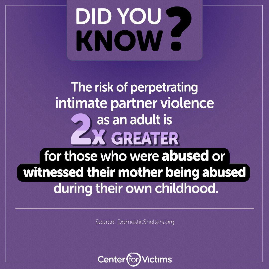 Center4Victims's tweet image. Children who witness #domesticviolence, or are direct #victimsofabuse themselves, are at a greater risk of growing up to be the perpetrators of violence themselves. The sooner kids are taken out of dangerous situations and given therapy, counseling, or support, the better.