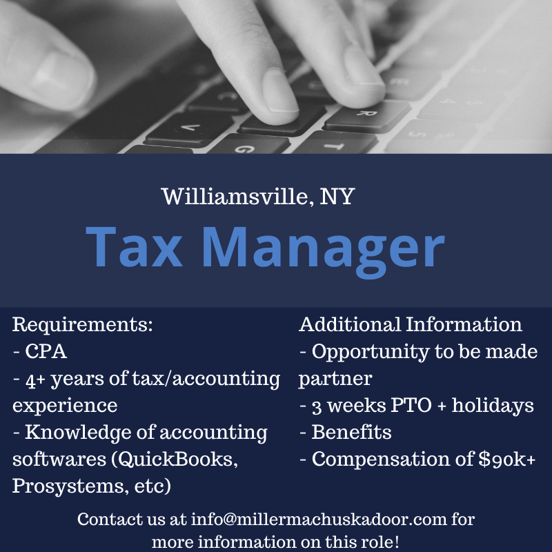 MillerMarchuska's tweet photo. **Job Alert**
Excellent Tax Manager job opportunity for a firm located in Williamsville, NY. Lots of room for growth, and a competitive compensation package available. Contact us at info@millermarchuskadoor.com for more information on this role!

#jobopportunity #taxmanager https://t.co/NWToet4Qat