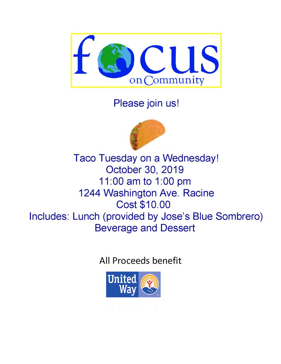 UnitedWayRacine's tweet photo. Your favorite taco day is just a week away... ๐๐ฎ #focusoncommunity #tacotuesday https://t.co/0dRZwbcJvw